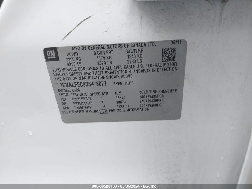 2011 Chevrolet Equinox Ltz VIN: 2CNALFEC9B6473077 Lot: 39580130