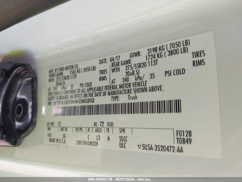 2017 Ford F-150 Xl VIN: 1FTFX1EF0HKD60202 Lot: 39580139