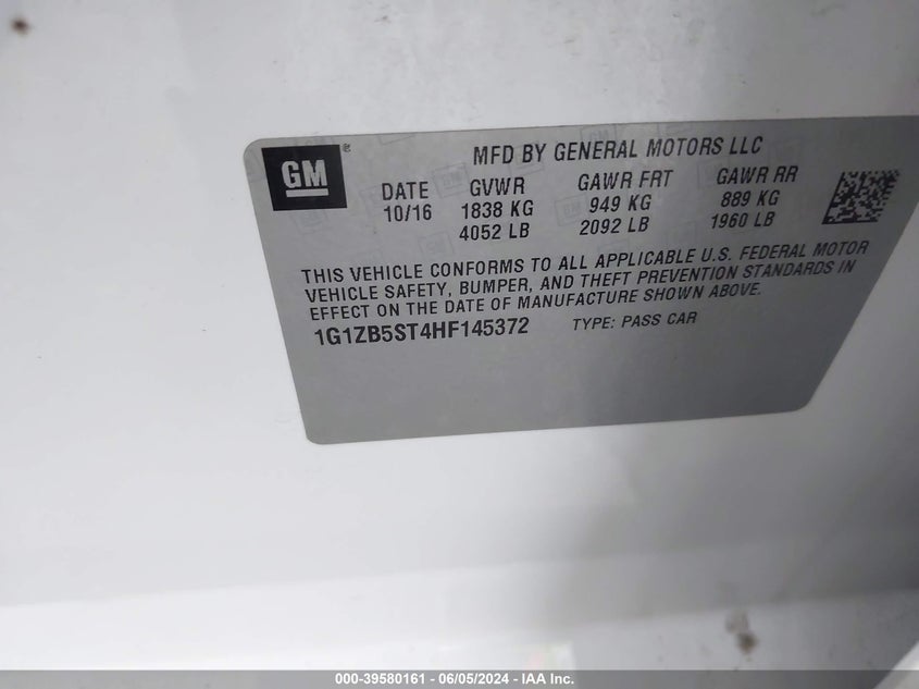 2017 Chevrolet Malibu Ls VIN: 1G1ZB5ST4HF145372 Lot: 39580161
