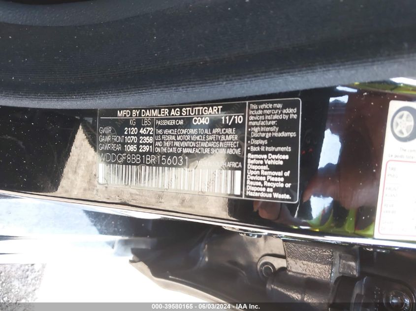 2011 Mercedes-Benz C 300 Luxury 4Matic/Sport 4Matic VIN: WDDGF8BB1BR156031 Lot: 39580165