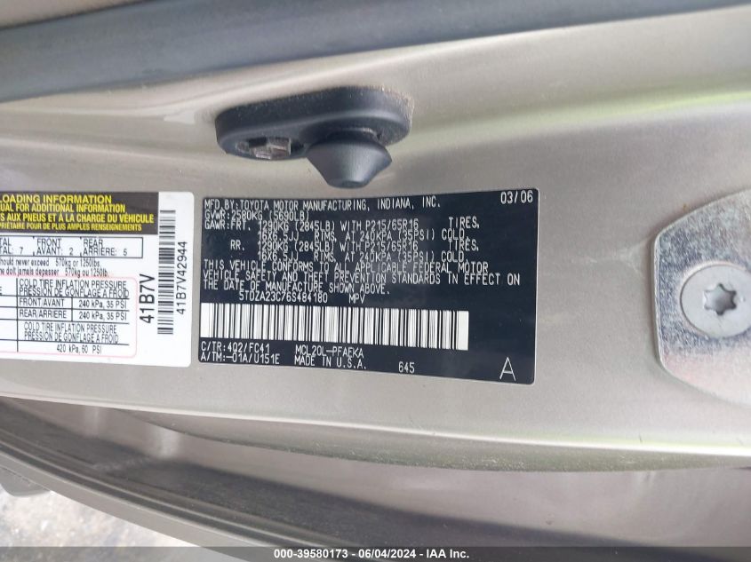 2006 Toyota Sienna Le VIN: 5TDZA23C76S484180 Lot: 39580173