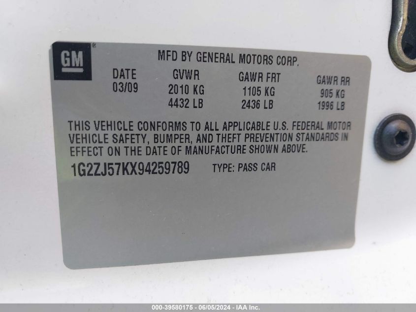 2009 Pontiac G6 New Se VIN: 1G2ZJ57KX94259789 Lot: 39580175