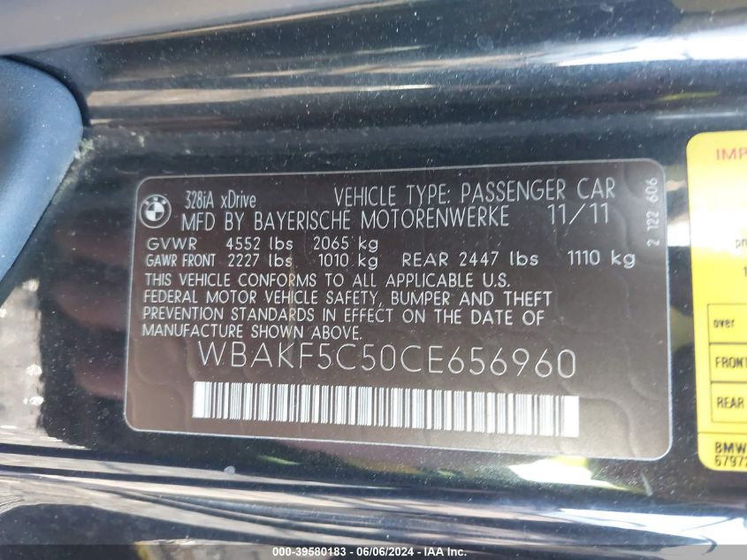 2012 BMW 328I xDrive VIN: WBAKF5C50CE656960 Lot: 39580183