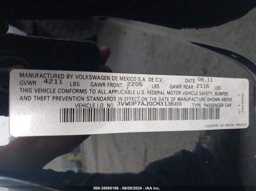 2012 Volkswagen Jetta 2.5L Se VIN: 3VWDP7AJ0CM313500 Lot: 39580186