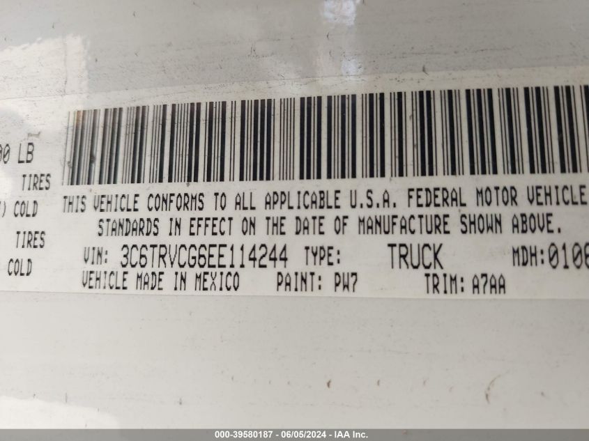 2014 Ram Promaster 2500 High Roof VIN: 3C6TRVCG6EE114244 Lot: 39580187