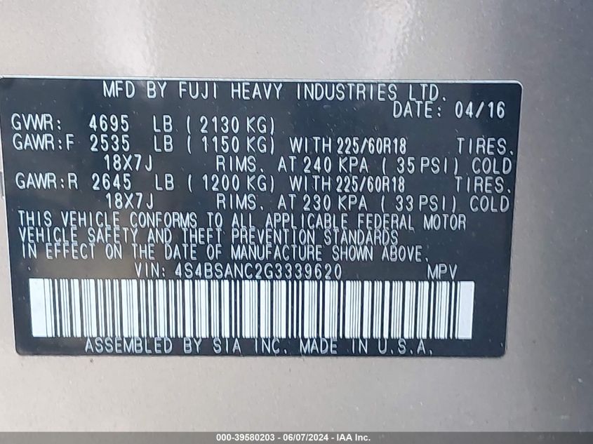 2016 Subaru Outback 2.5I Limited VIN: 4S4BSANC2G3339620 Lot: 39580203