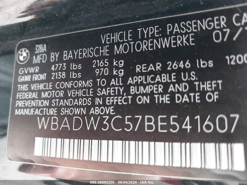 2011 BMW 328I VIN: WBADW3C57BE541607 Lot: 39580205