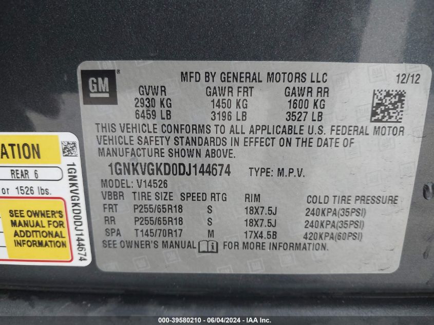 2013 Chevrolet Traverse 1Lt VIN: 1GNKVGKD0DJ144674 Lot: 39580210