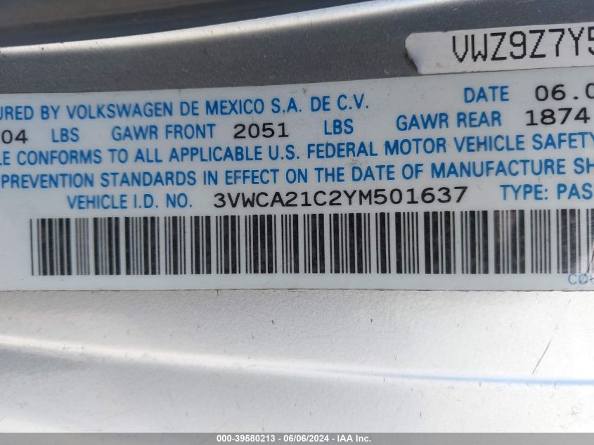 2000 Volkswagen New Beetle Gls VIN: 3VWCA21C2YM501637 Lot: 39580213