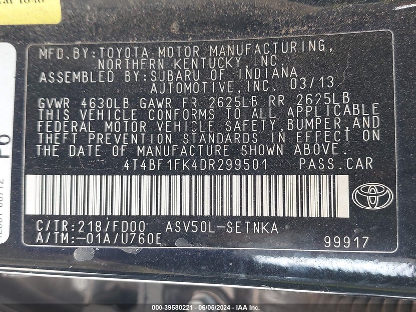 2013 Toyota Camry Le VIN: 4T4BF1FK4DR299501 Lot: 39580221