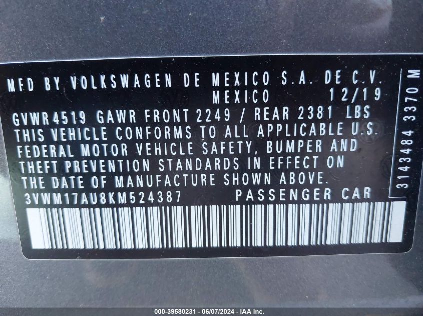 2019 VOLKSWAGEN GOLF ALLTRACK S/SE/SEL - 3VWM17AU8KM524387