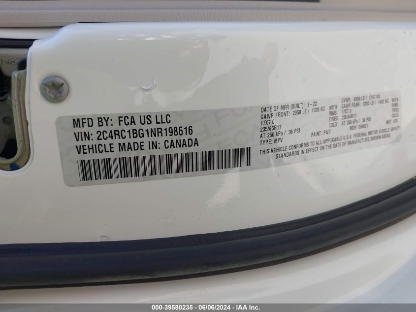 2022 CHRYSLER PACIFICA TOURING L - 2C4RC1BG1NR198616