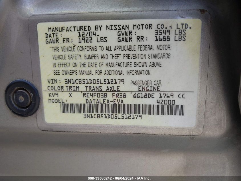 2005 Nissan Sentra 1.8S VIN: 3N1CB51D05L512179 Lot: 39580242