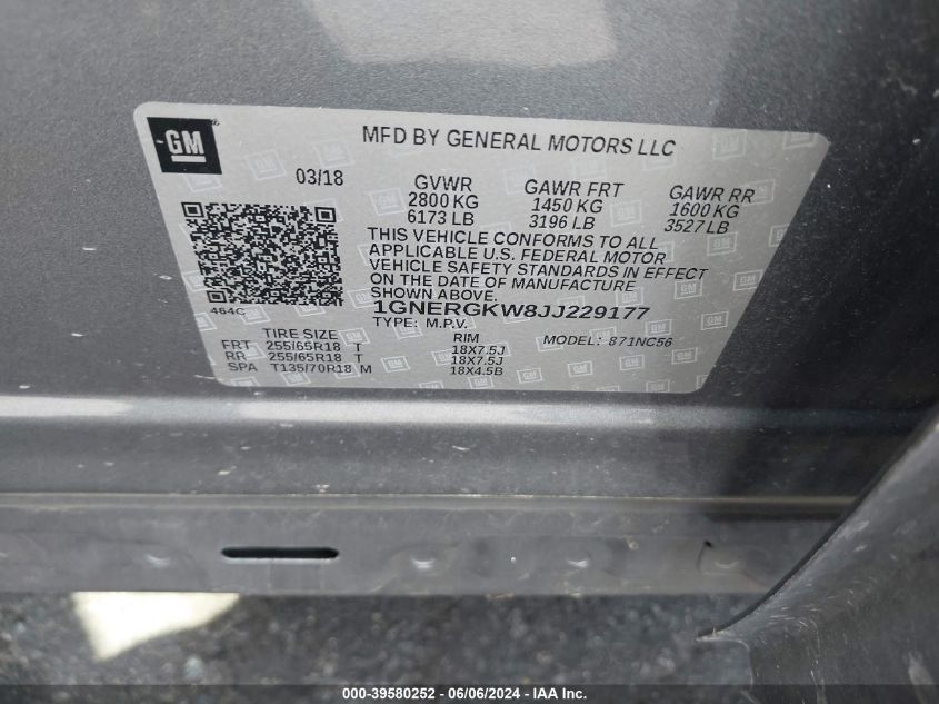 2018 Chevrolet Traverse 1Lt VIN: 1GNERGKW8JJ229177 Lot: 39580252