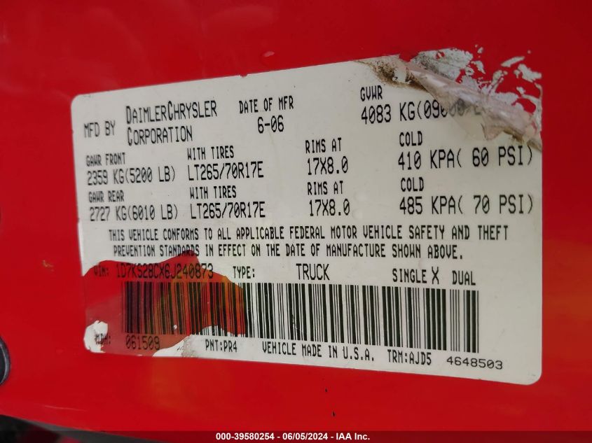 2006 Dodge Ram 2500 Slt/Trx4 Off Road/Sport/Power Wagon VIN: 1D7KS28CX6J240873 Lot: 39580254