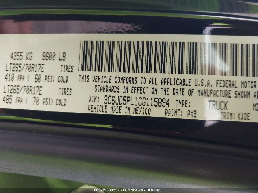2012 Ram 2500 Laramie Longhorn/Limited Edition VIN: 3C6UD5PL1CG115894 Lot: 39580259