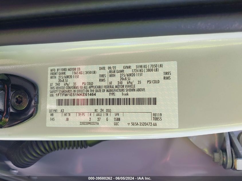 2022 Ford F-150 Xl VIN: 1FTFW1E51NKE61464 Lot: 39580262