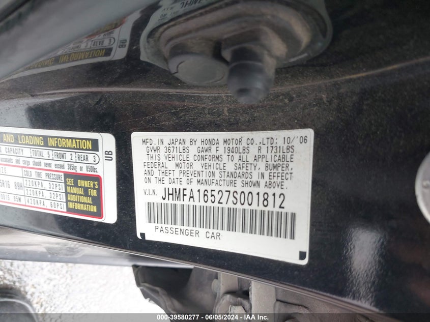 2007 Honda Civic Lx VIN: JHMFA16527S001812 Lot: 39580277