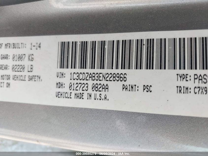 2014 Dodge Avenger Se VIN: 1C3CDZAB3EN228966 Lot: 39580279