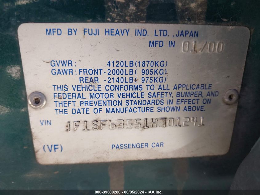 2001 Subaru Forester L VIN: JF1SF63551H701241 Lot: 39580280