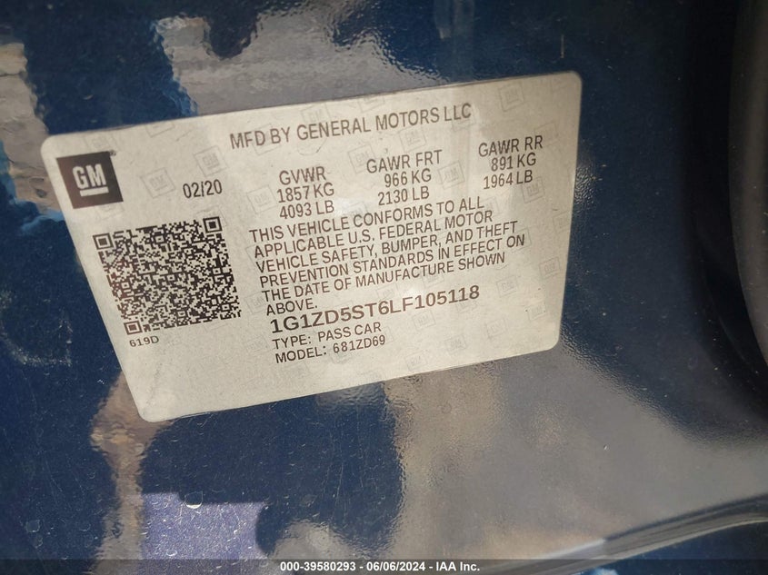 2020 Chevrolet Malibu Fwd Lt VIN: 1G1ZD5ST6LF105118 Lot: 39580293