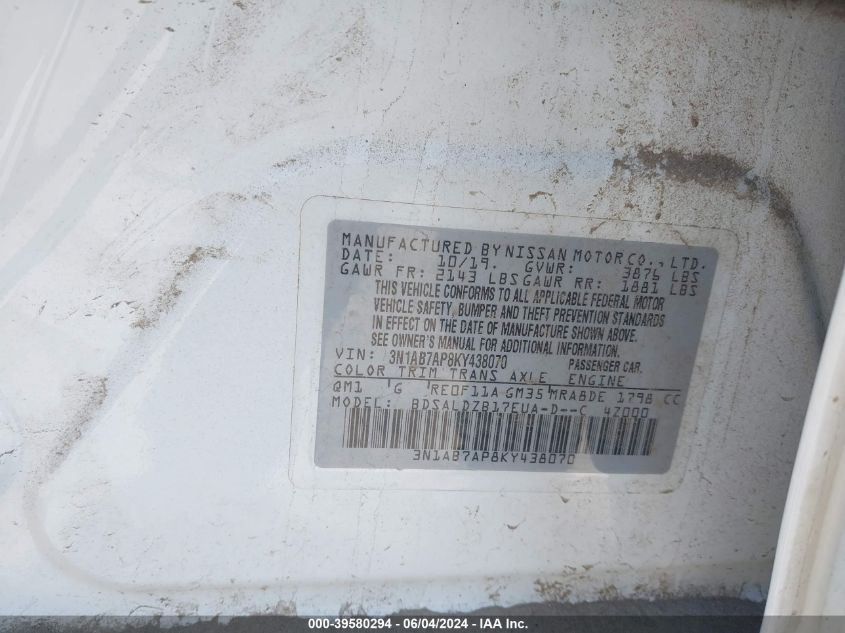 3N1AB7AP8KY438070 2019 Nissan Sentra Sv