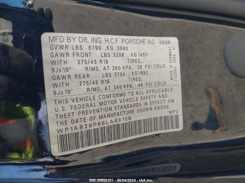 2006 Porsche Cayenne S/S Titanium Edition VIN: WP1AB29P66LA68108 Lot: 39580301
