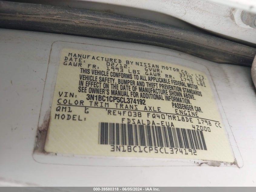 2012 Nissan Versa 1.8 S VIN: 3N1BC1CP5CL374192 Lot: 39580318