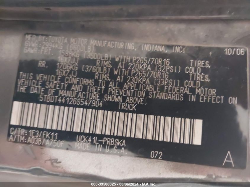 2006 Toyota Tundra Sr5 V8 VIN: 5TBDT44126S547904 Lot: 39580325