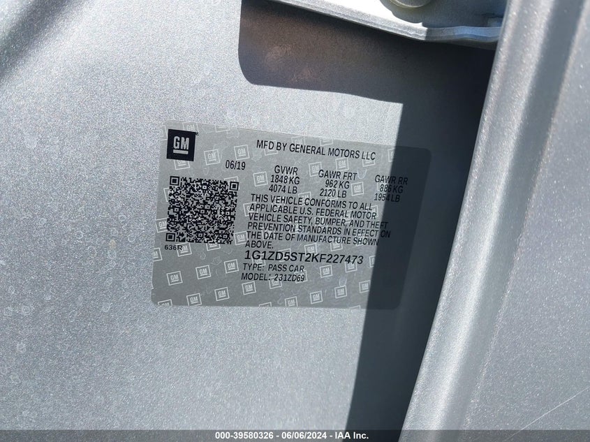 2019 Chevrolet Malibu Lt VIN: 1G1ZD5ST2KF227473 Lot: 39580326