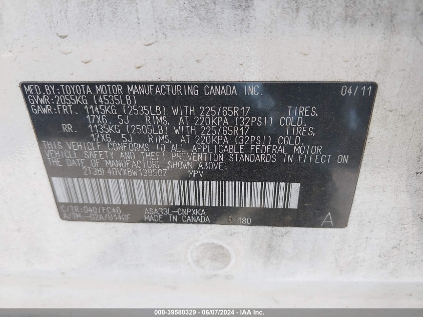 2011 Toyota Rav4 VIN: 2T3BF4DVXBW139507 Lot: 39580329