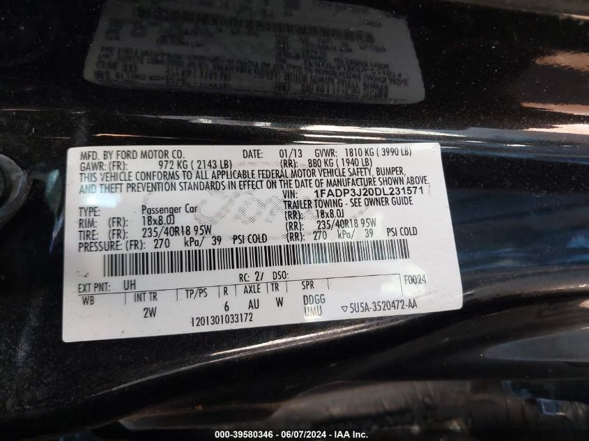 2013 Ford Focus Titanium VIN: 1FADP3J20DL231571 Lot: 39580346