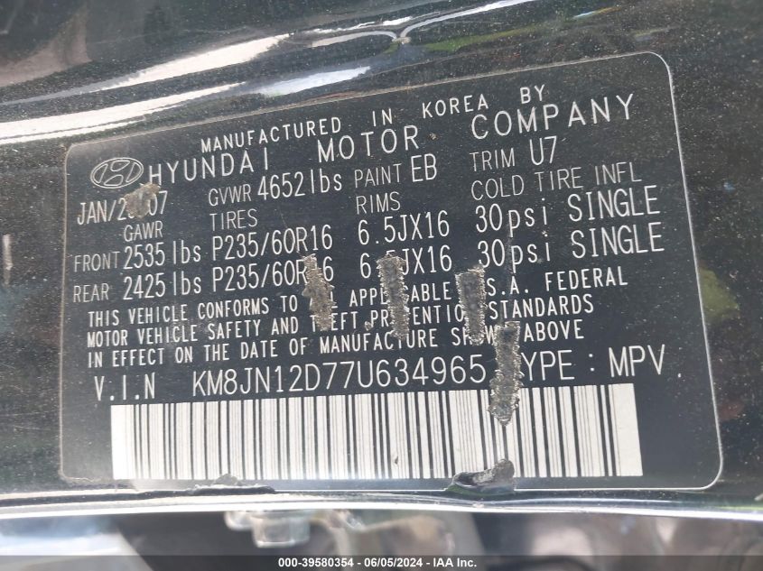 2007 Hyundai Tucson Limited/Se VIN: KM8JN12D77U634965 Lot: 39580354