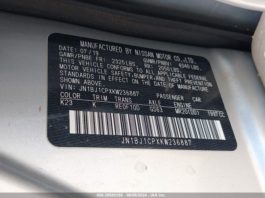 2019 Nissan Rogue Sport Sv VIN: JN1BJ1CPXKW236887 Lot: 39580355