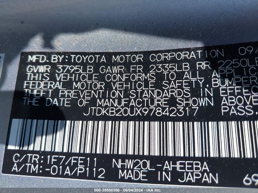 2009 Toyota Prius VIN: JTDKB20UX97842317 Lot: 39580386