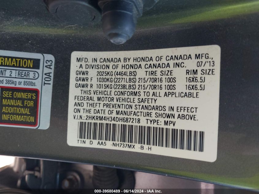 2013 Honda Cr-V Lx VIN: 2HKRM4H34DH687218 Lot: 39580489