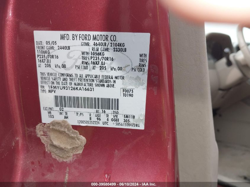 2006 Ford Escape Xlt/Xlt Sport VIN: 1FMYU93126KA16631 Lot: 39580499