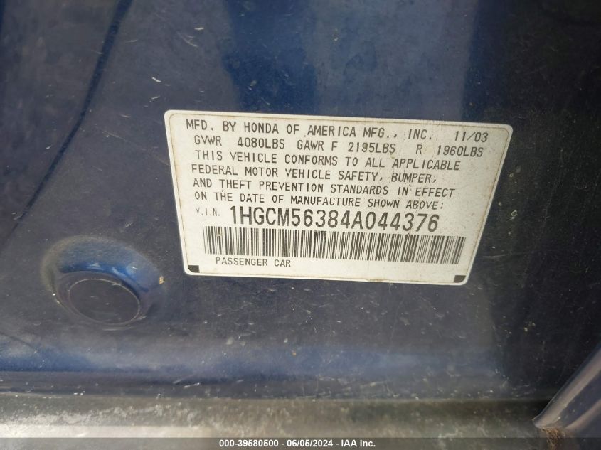 2004 Honda Accord 2.4 Lx VIN: 1HGCM56384A044376 Lot: 39580500