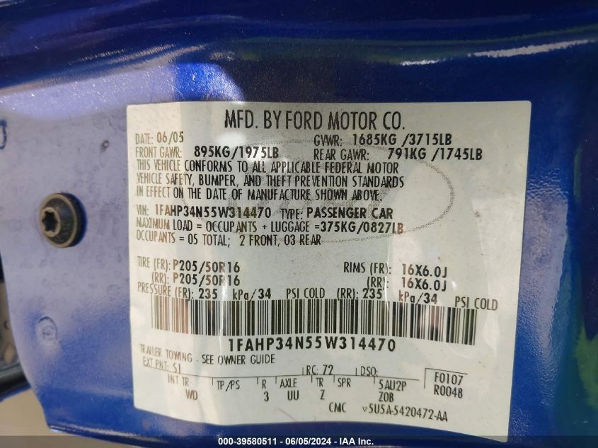 2005 Ford Focus Zx4 VIN: 1FAHP34N55W314470 Lot: 39580511