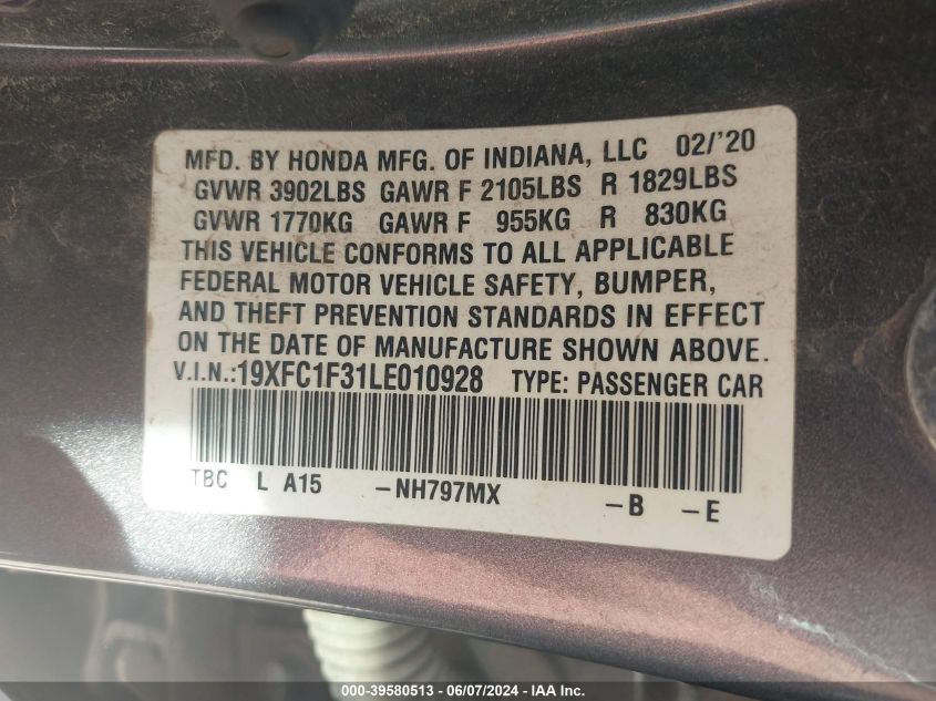 2020 Honda Civic Ex VIN: 19XFC1F31LE010928 Lot: 39580513
