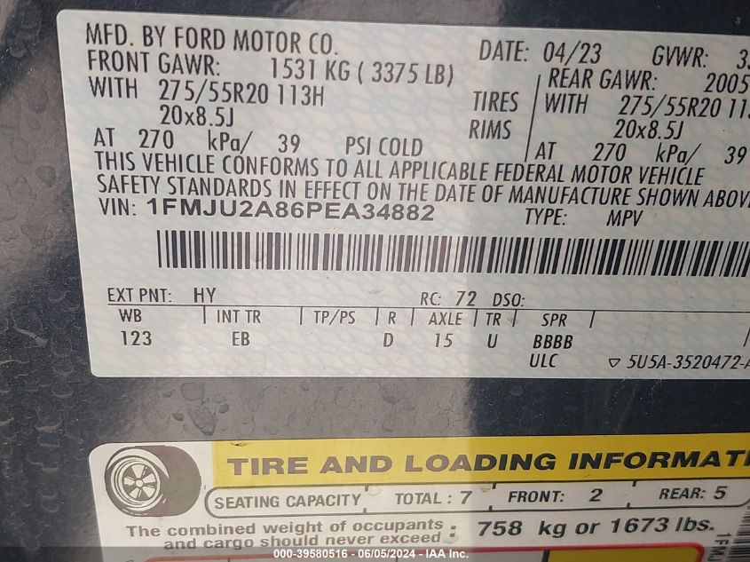 2023 Ford Expedition Limited VIN: 1FMJU2A86PEA34882 Lot: 39580516