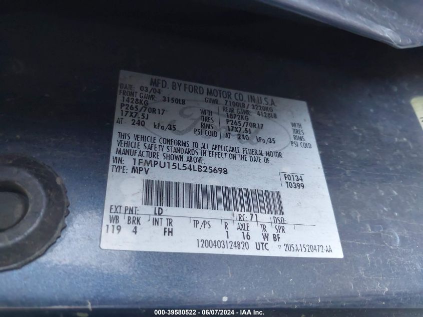 2004 Ford Expedition Xlt VIN: 1FMPU15L54LB25698 Lot: 39580522
