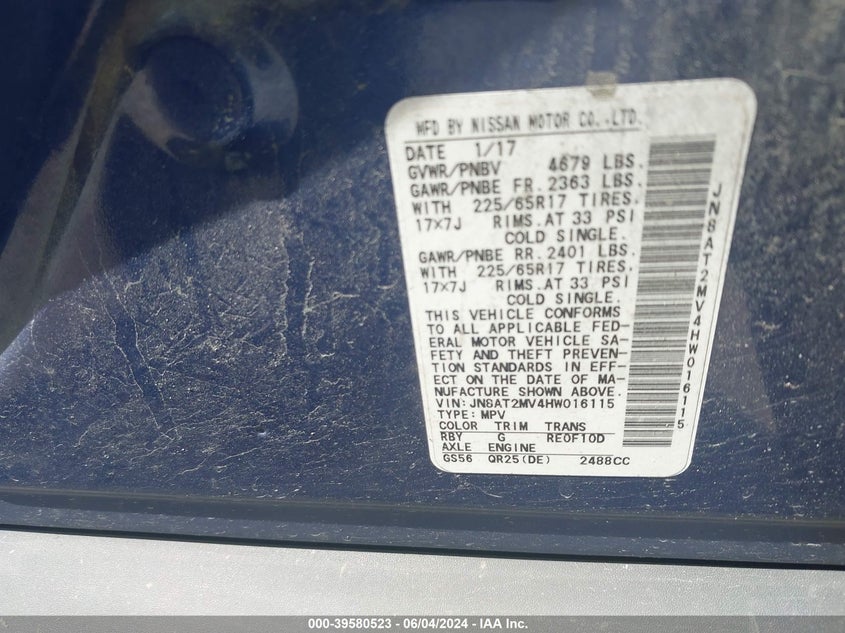 2017 Nissan Rogue Sv VIN: JN8AT2MV4HW016115 Lot: 39580523