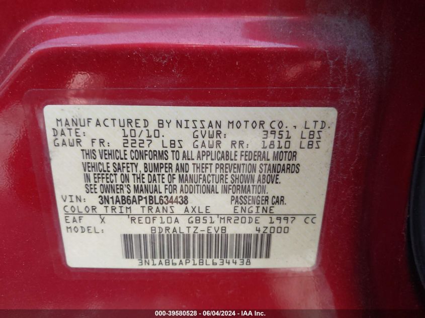 2011 Nissan Sentra 2.0Sr VIN: 3N1AB6AP1BL634438 Lot: 39580528