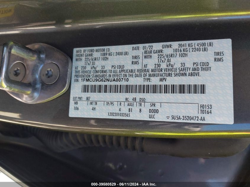 2022 Ford Escape Se VIN: 1FMCU9G62NUA00710 Lot: 39580529