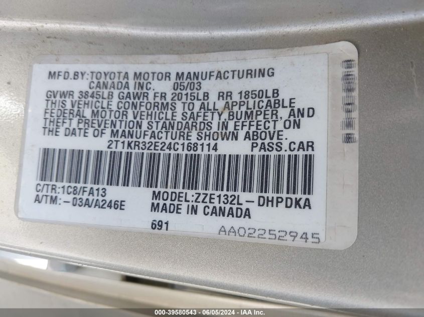 2004 Toyota Matrix Standard VIN: 2T1KR32E24C168114 Lot: 39580543