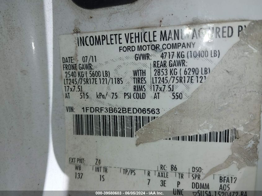 2011 Ford F-350 Xl VIN: 1FDRF3B62BED06563 Lot: 39580603