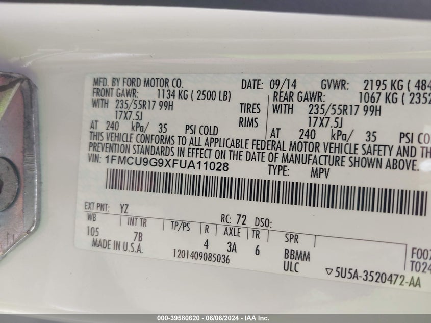 2015 Ford Escape Se VIN: 1FMCU9G9XFUA11028 Lot: 39580620