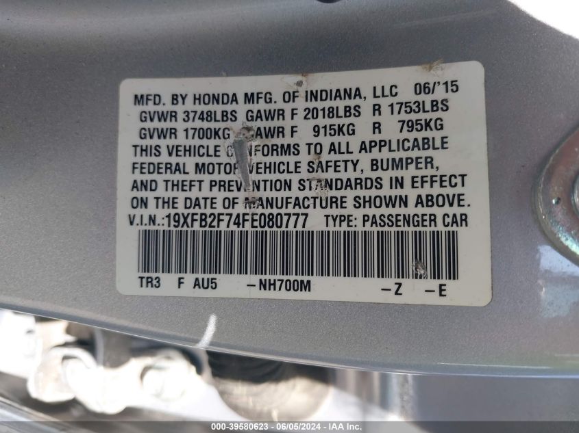 2015 Honda Civic Se VIN: 19XFB2F74FE080777 Lot: 39580623