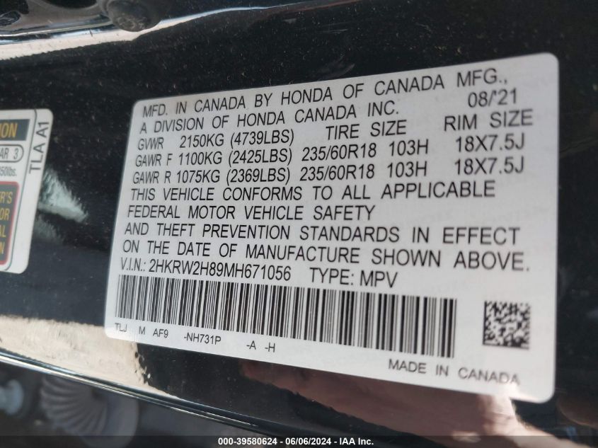 2021 Honda Cr-V Awd Ex-L VIN: 2HKRW2H89MH671056 Lot: 39580624